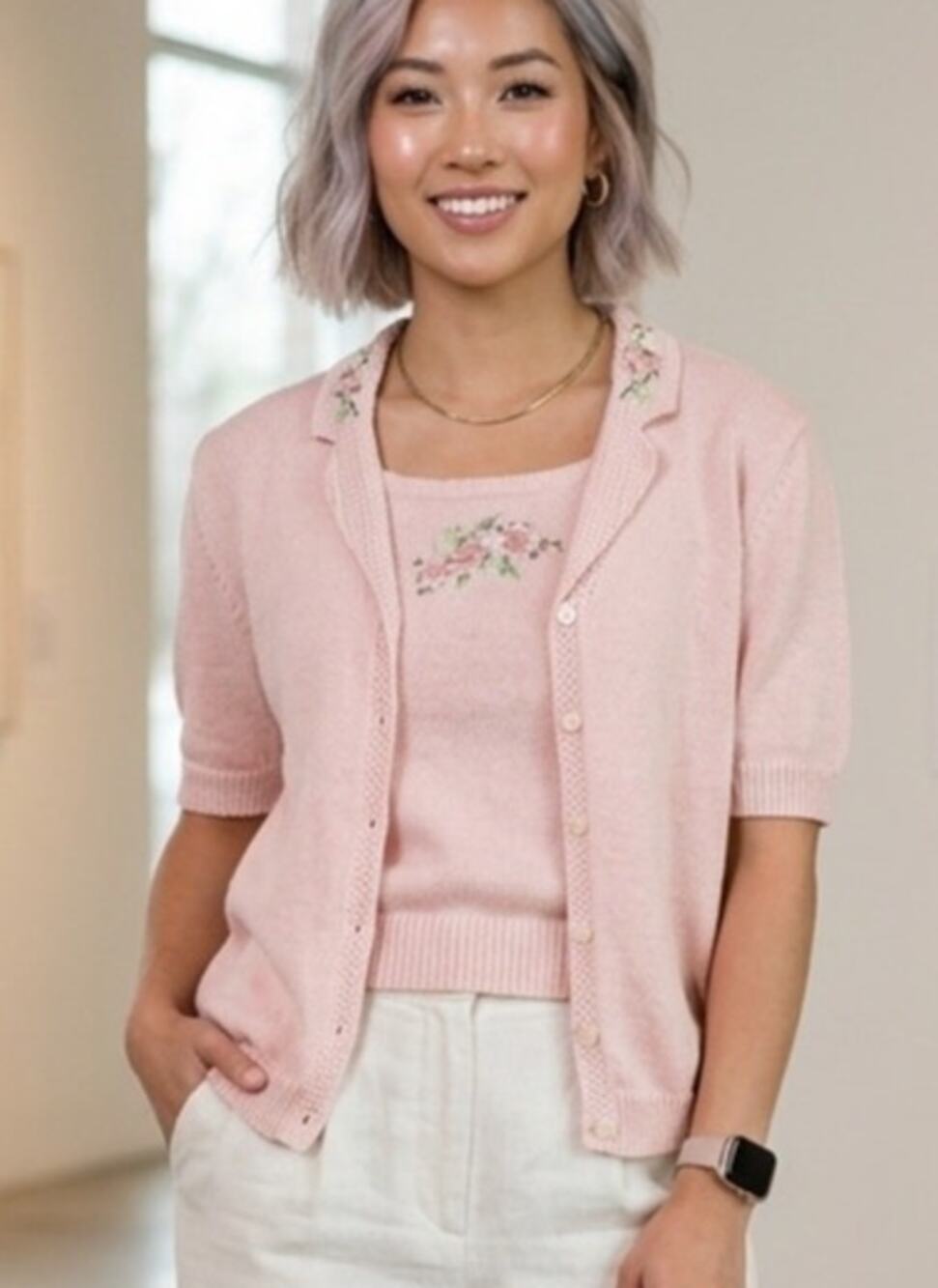 Vintage Cottagecore Grandma Chic  Embroidered Pink Crochet Sweater Blouse